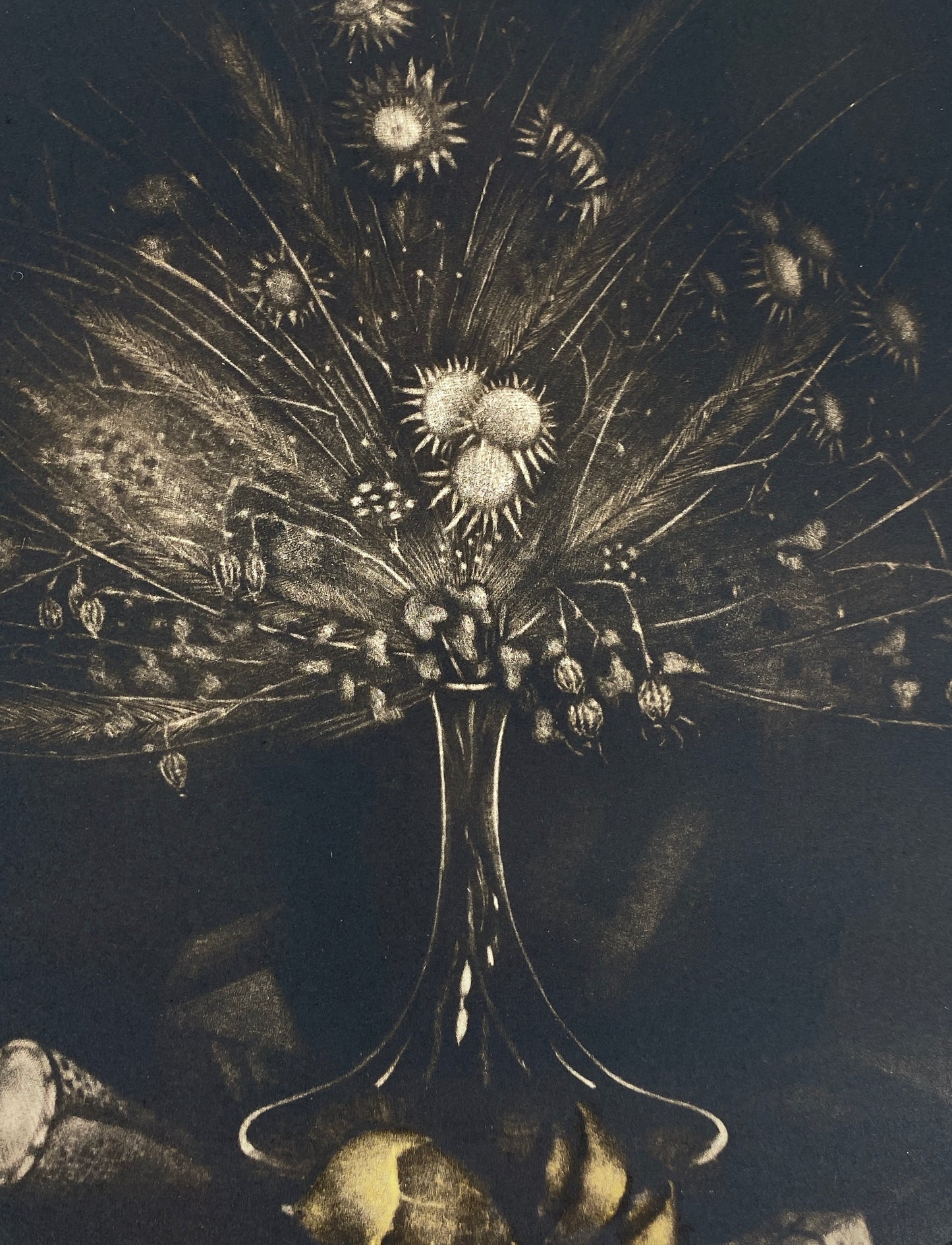Mezzotinto-Radierung „Martwa natura z kwiatami“ (Stillleben mit Blumen) vom polnischen Künstler Tadeusz Jackowski, 1978