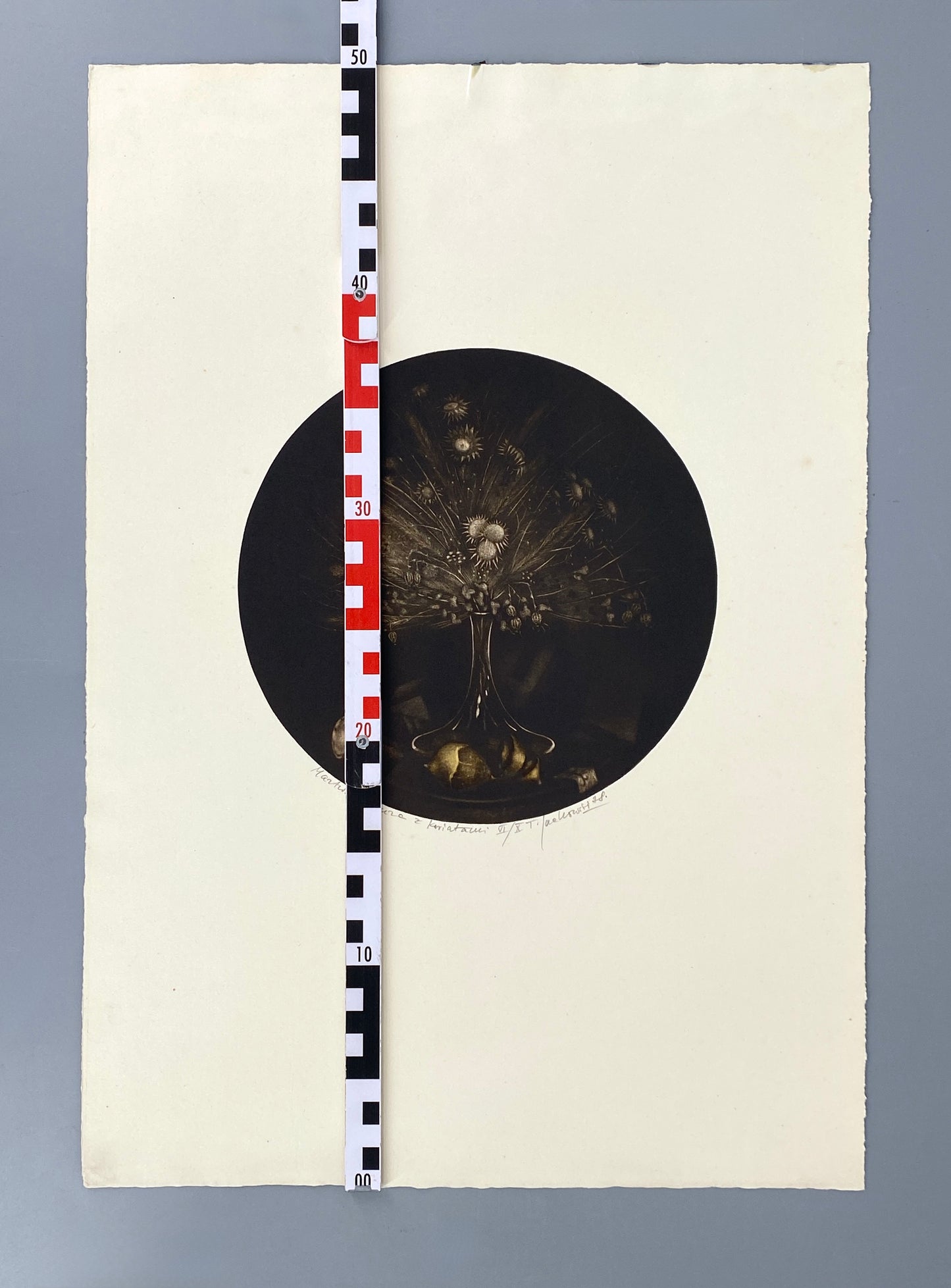 Mezzotinto-Radierung „Martwa natura z kwiatami“ (Stillleben mit Blumen) vom polnischen Künstler Tadeusz Jackowski, 1978
