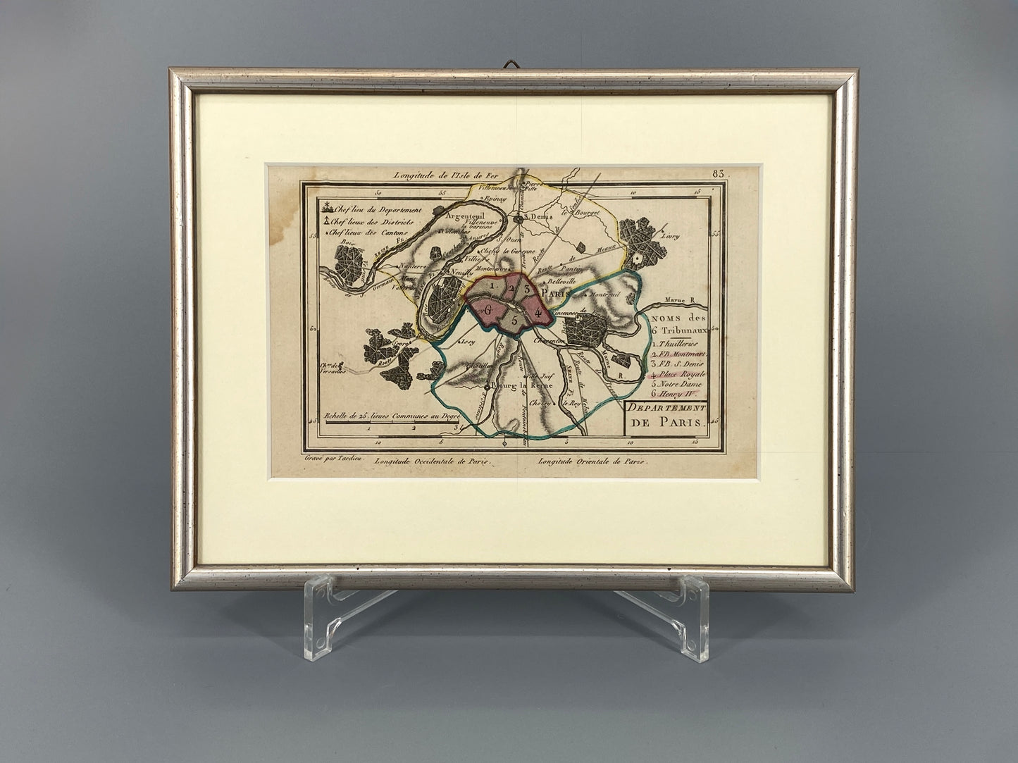 Gerahmter Kupferstich „Département de Paris. Noms des 6 tribunaux“ (Landkarte von Paris) von Tardieu, um 1791