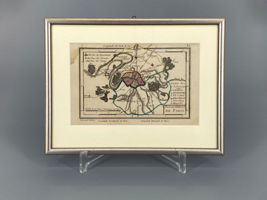 Gerahmter Kupferstich „Département de Paris. Noms des 6 tribunaux“ (Landkarte von Paris) von Tardieu, um 1791