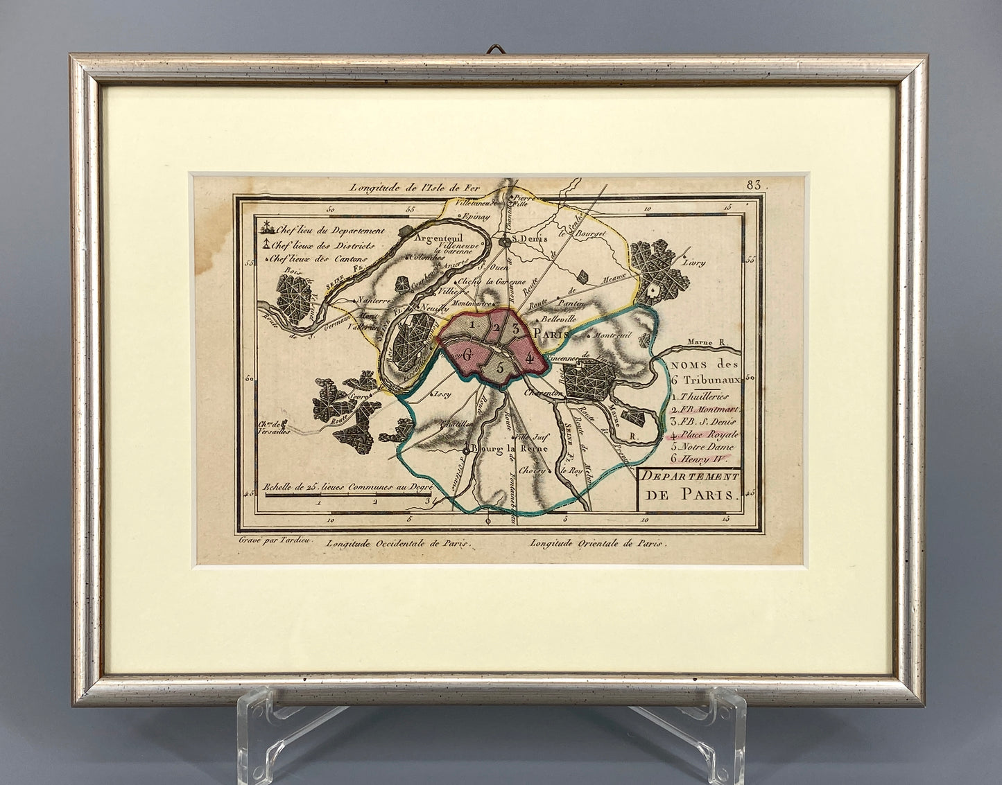 Gerahmter Kupferstich „Département de Paris. Noms des 6 tribunaux“ (Landkarte von Paris) von Tardieu, um 1791