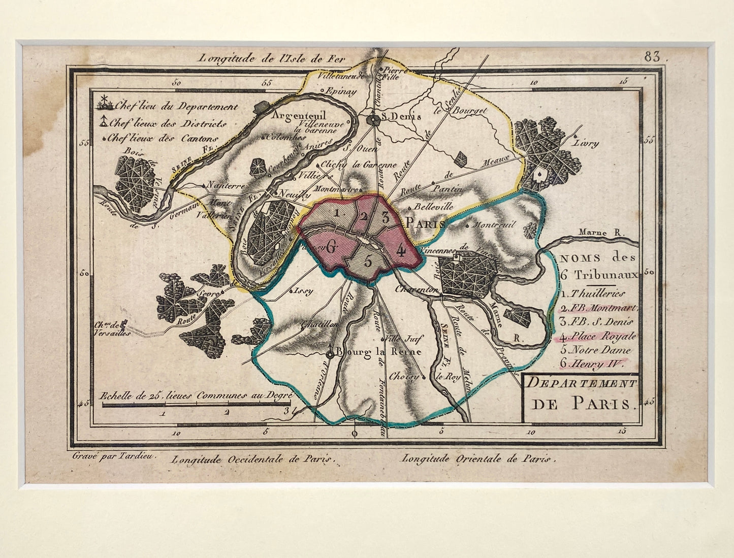 Gerahmter Kupferstich „Département de Paris. Noms des 6 tribunaux“ (Landkarte von Paris) von Tardieu, um 1791
