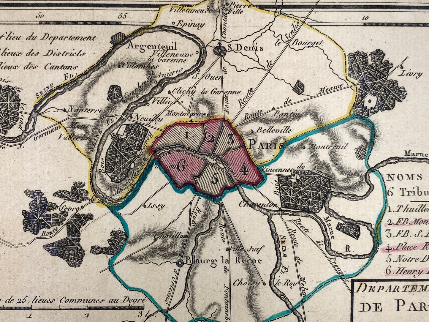 Gerahmter Kupferstich „Département de Paris. Noms des 6 tribunaux“ (Landkarte von Paris) von Tardieu, um 1791