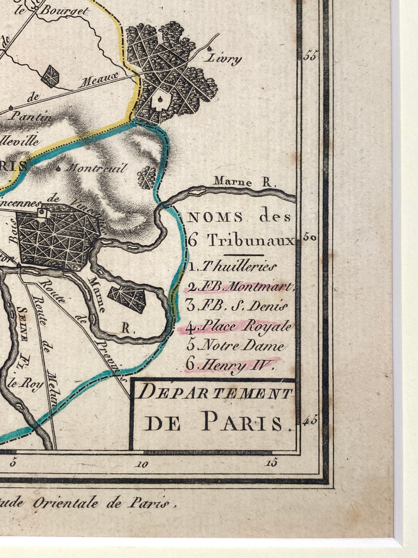 Gerahmter Kupferstich „Département de Paris. Noms des 6 tribunaux“ (Landkarte von Paris) von Tardieu, um 1791
