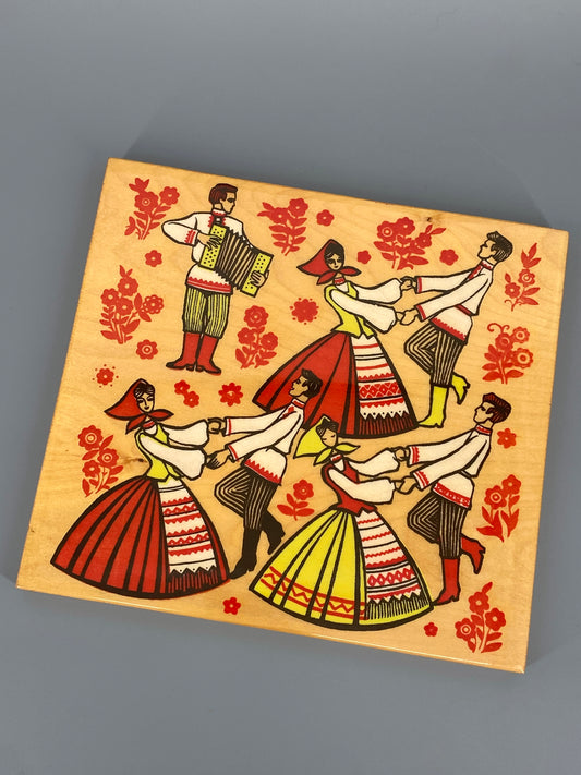 Wandbild, Holzplatte mit buntem Tanzfläche-Motiv, hergestellt in den UdSSR