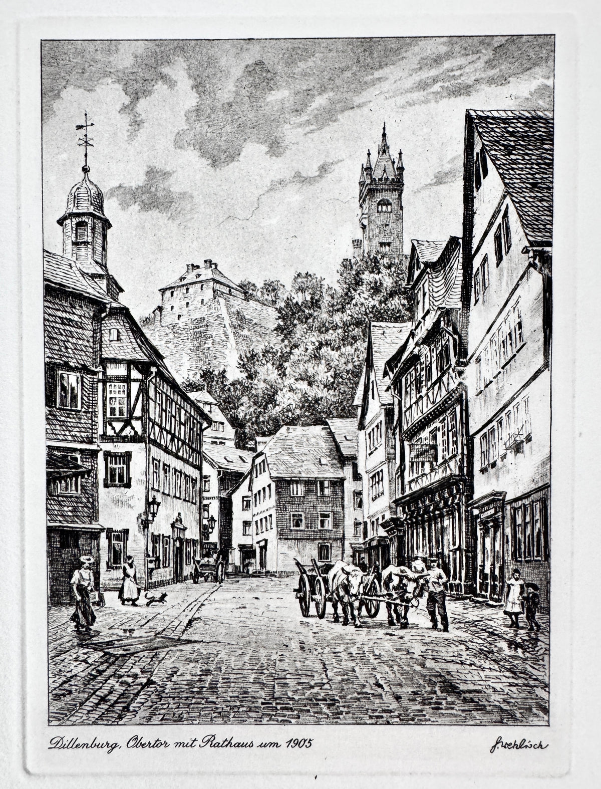 Obertor mit Rathaus, Dillenburg. Historische Radierung von Heinz Wehlisch