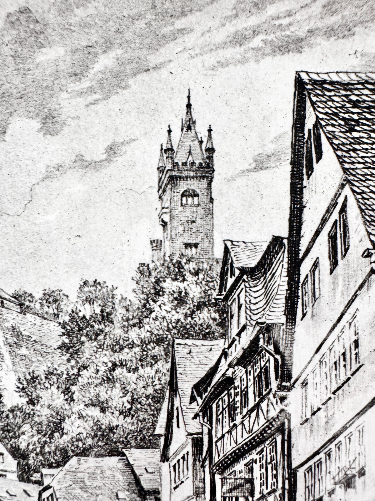 Obertor mit Rathaus, Dillenburg. Historische Radierung von Heinz Wehlisch