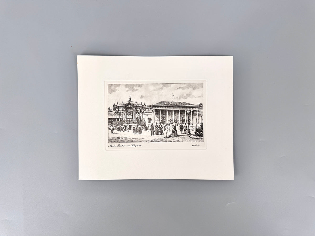 Kurgarten mit Musik-Pavillion, Baden-Baden. Radierung von Heinz Wehlisch