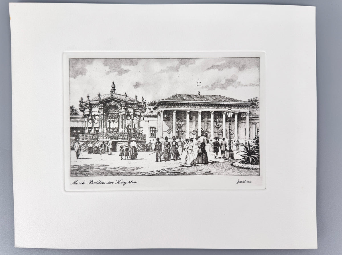 Kurgarten mit Musik-Pavillion, Baden-Baden. Radierung von Heinz Wehlisch