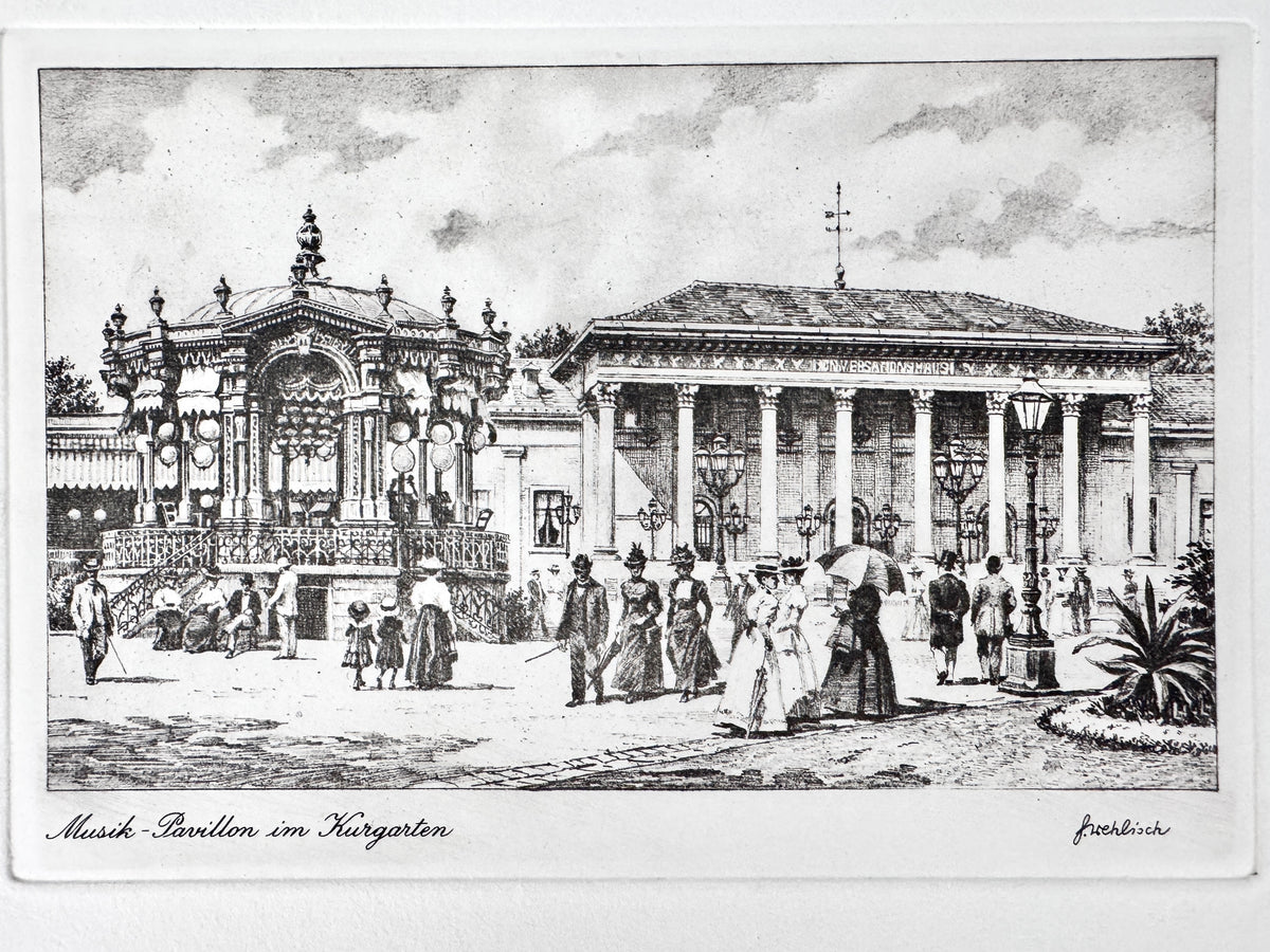Kurgarten mit Musik-Pavillion, Baden-Baden. Radierung von Heinz Wehlisch