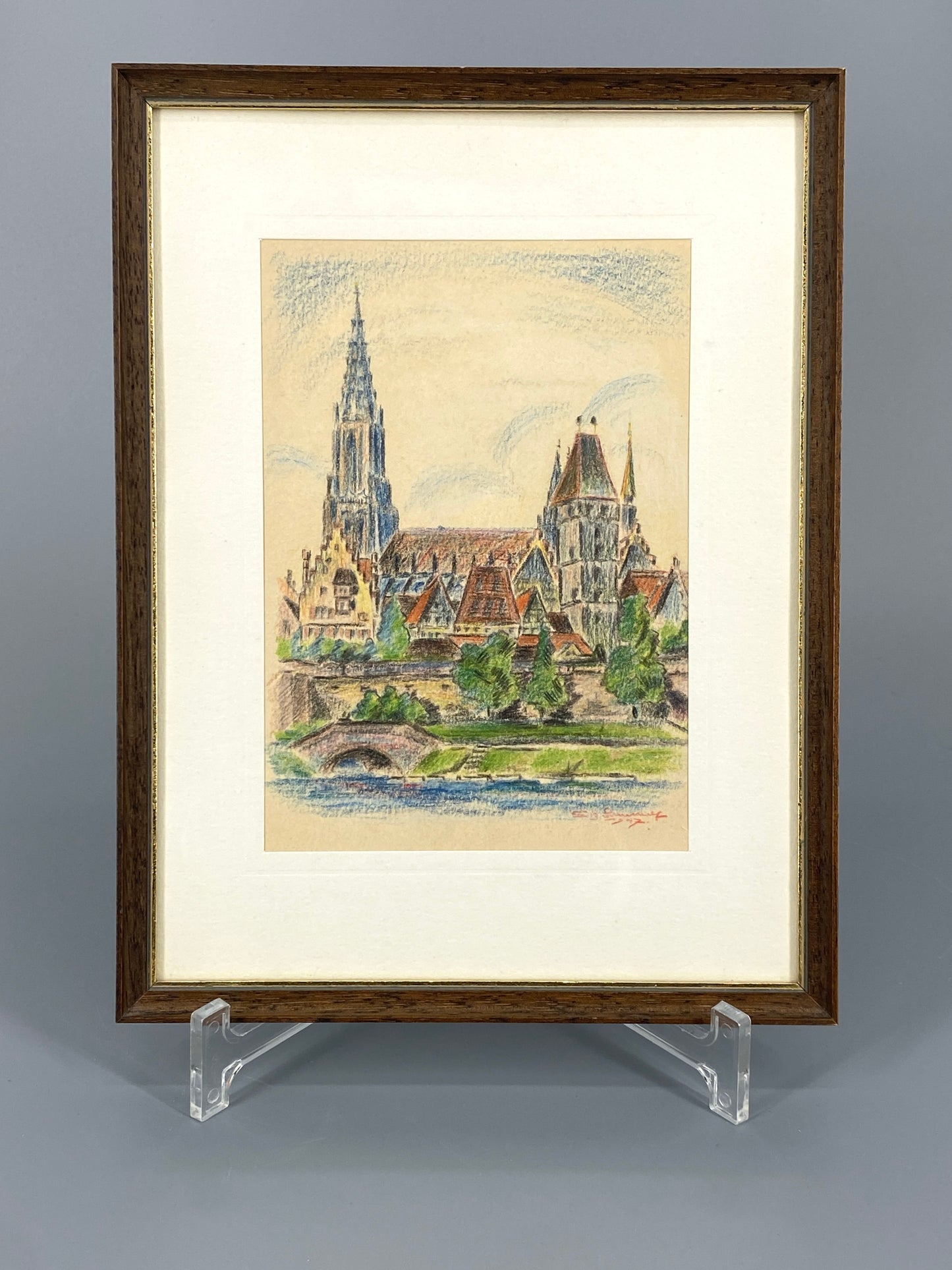 Gerahmte Kreidezeichnung, Stadtansicht von Ulm mit der Donau und dem Ulmer Münster, 1947