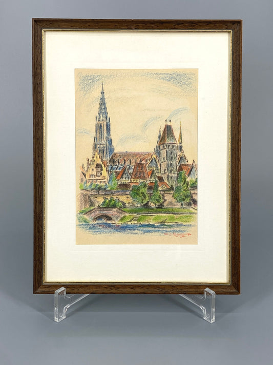 Gerahmte Kreidezeichnung, Stadtansicht von Ulm mit der Donau und dem Ulmer Münster, 1947