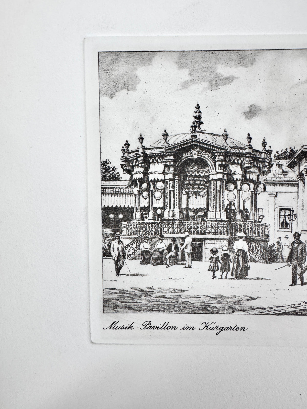 Kurgarten mit Musik-Pavillion, Baden-Baden. Radierung von Heinz Wehlisch