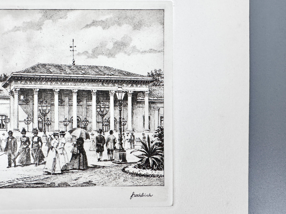 Kurgarten mit Musik-Pavillion, Baden-Baden. Radierung von Heinz Wehlisch