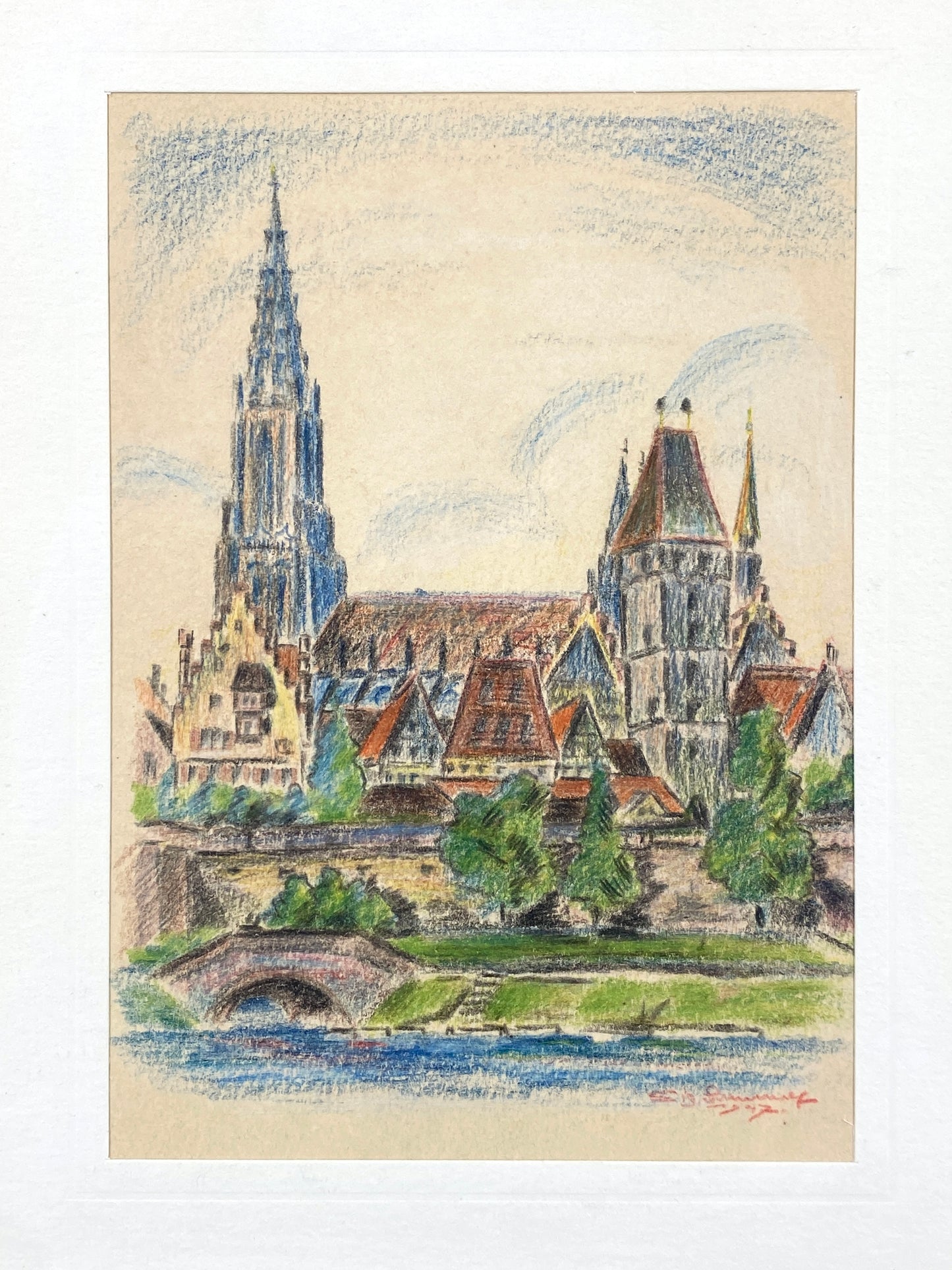 Gerahmte Kreidezeichnung, Stadtansicht von Ulm mit der Donau und dem Ulmer Münster, 1947