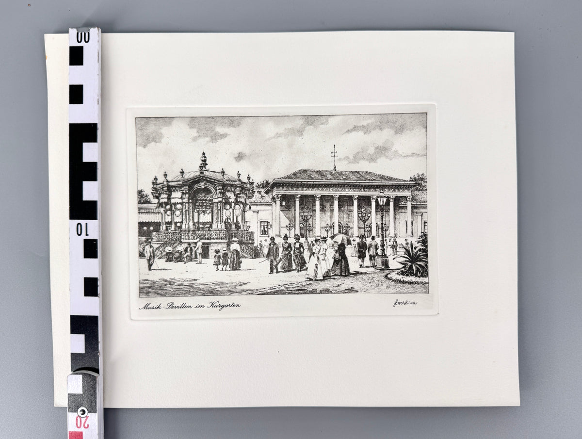 Kurgarten mit Musik-Pavillion, Baden-Baden. Radierung von Heinz Wehlisch