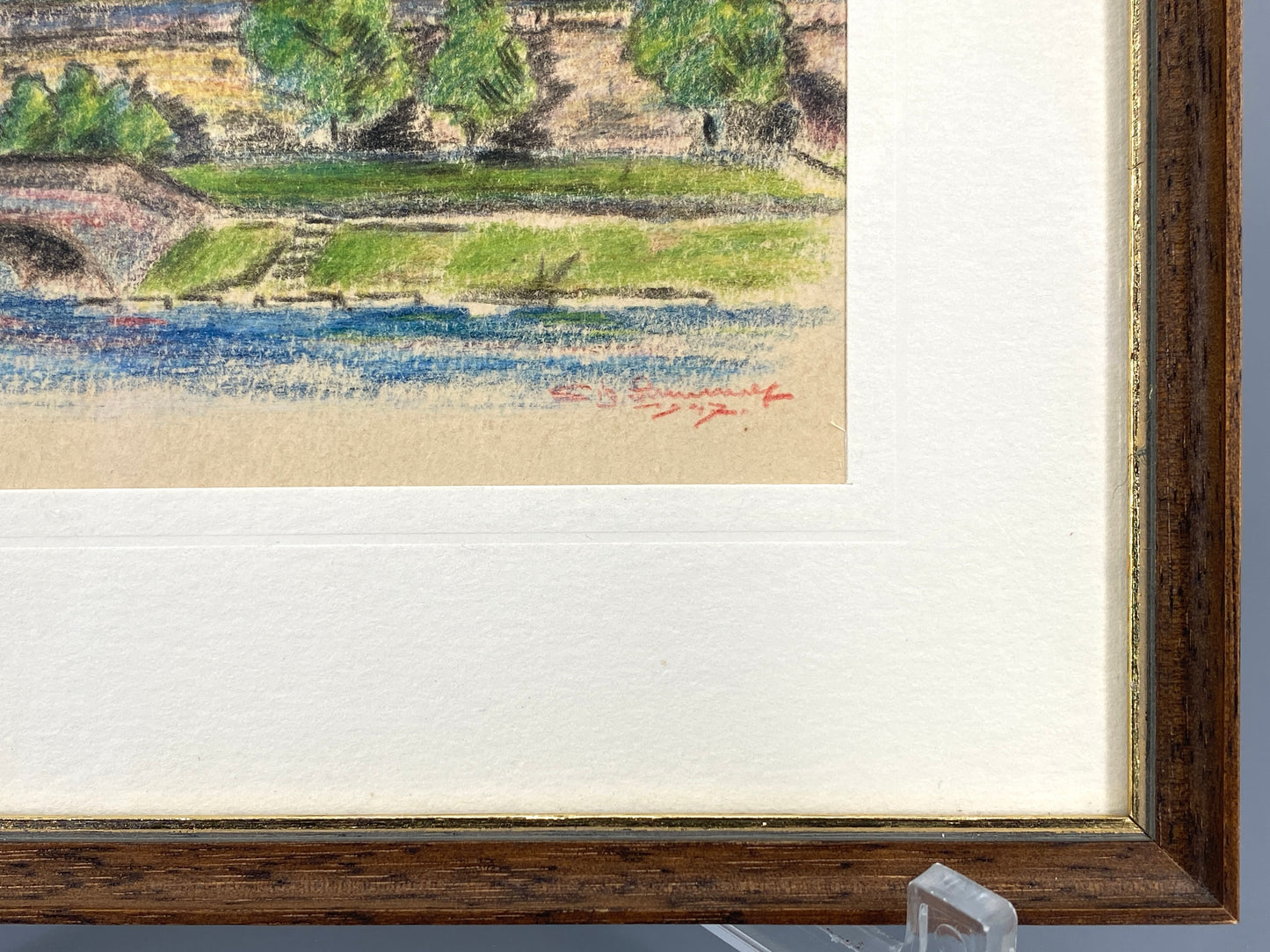 Gerahmte Kreidezeichnung, Stadtansicht von Ulm mit der Donau und dem Ulmer Münster, 1947