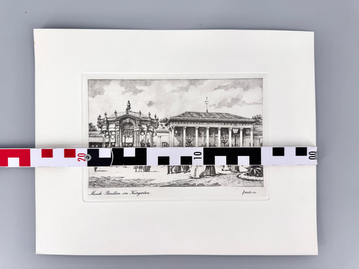 Kurgarten mit Musik-Pavillion, Baden-Baden. Radierung von Heinz Wehlisch