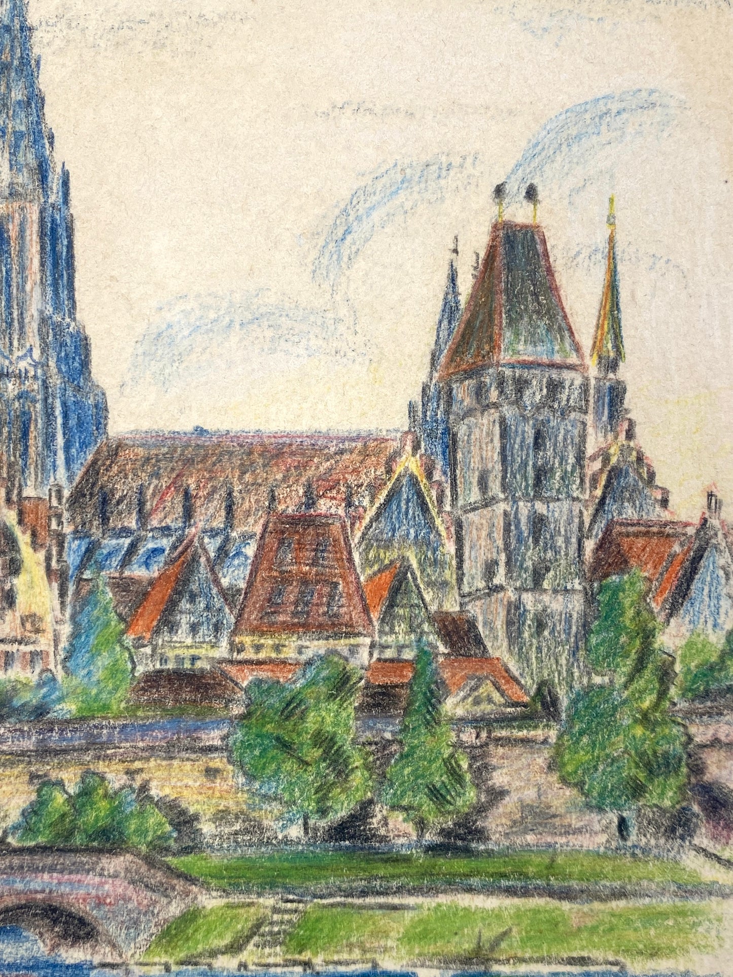 Gerahmte Kreidezeichnung, Stadtansicht von Ulm mit der Donau und dem Ulmer Münster, 1947