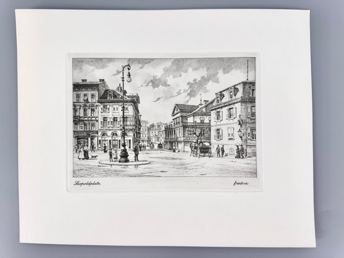 Leopoldplatz Baden-Baden. Historische Radierung von Heinz Wehlisch