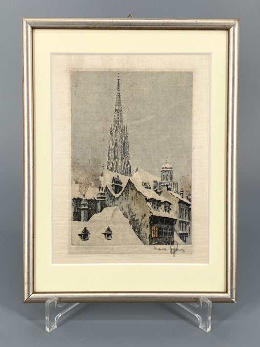 Farbradierung auf Seide "Stadtansicht von Wien mit dem Stephansdom und Mozarthaus" von Hans Figura (1898–1978)