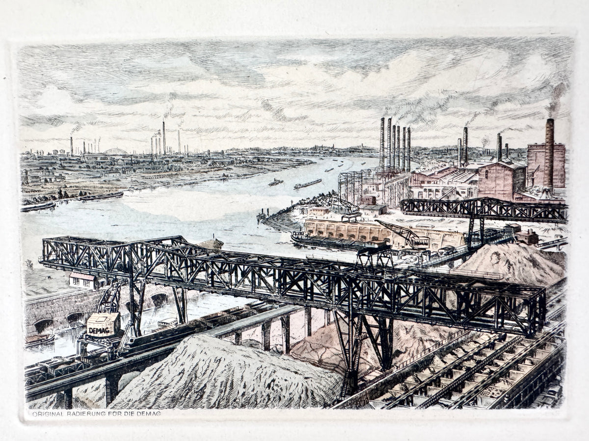 DEMAG AG, Duisburger Hafen. Radierung aus der Zeit des Wirtschaftswunders, Heinz Wehlisch