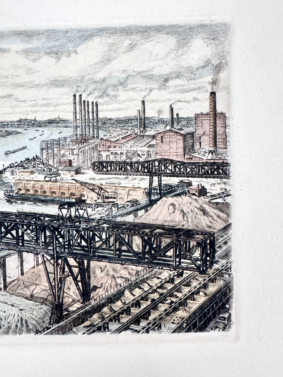 DEMAG AG, Duisburger Hafen. Radierung aus der Zeit des Wirtschaftswunders, Heinz Wehlisch