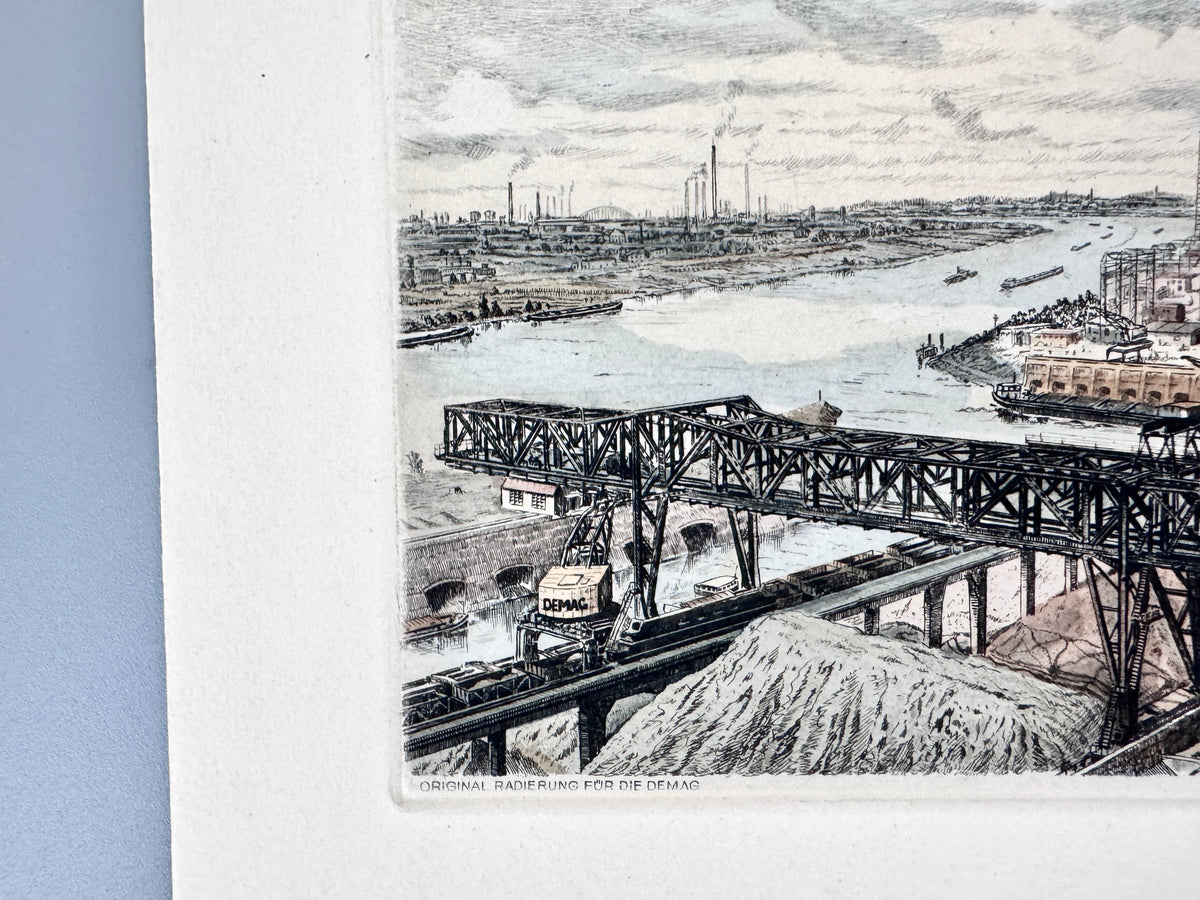 DEMAG AG, Duisburger Hafen. Radierung aus der Zeit des Wirtschaftswunders, Heinz Wehlisch