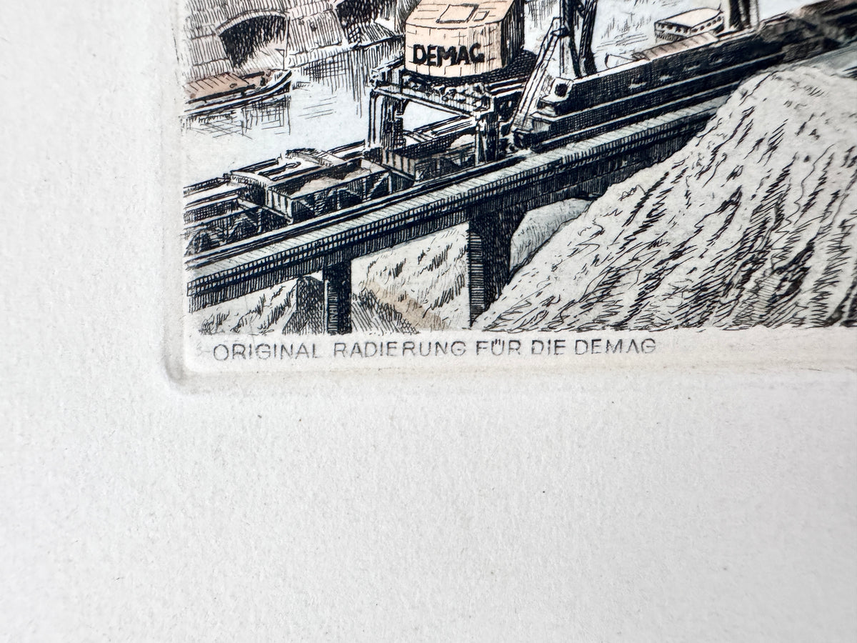 DEMAG AG, Duisburger Hafen. Radierung aus der Zeit des Wirtschaftswunders, Heinz Wehlisch