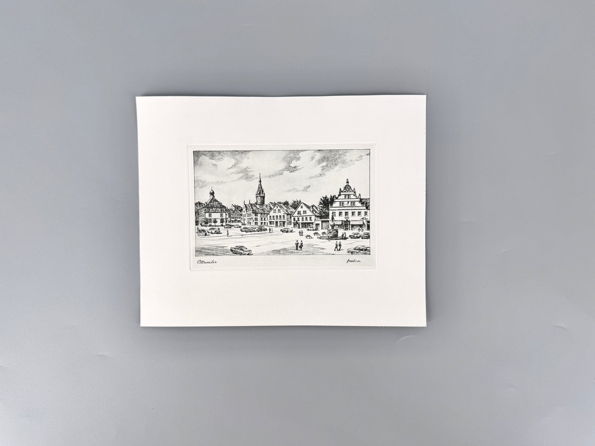Ottweiler, Marktplatz. Radierung aus der Zeit des Wirtschaftswunders, von Heinz Wehlisch.