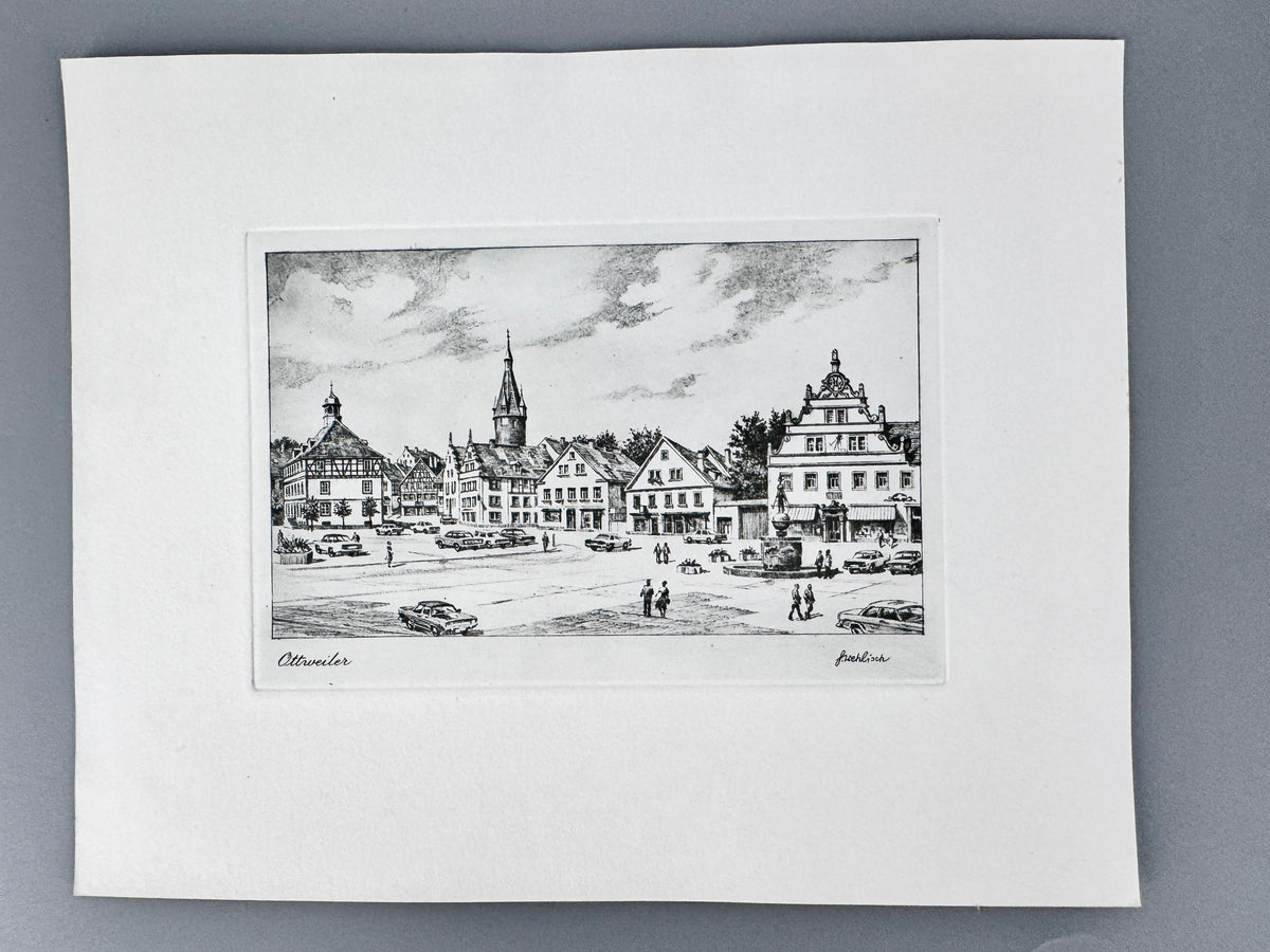 Ottweiler, Marktplatz. Radierung aus der Zeit des Wirtschaftswunders, von Heinz Wehlisch.