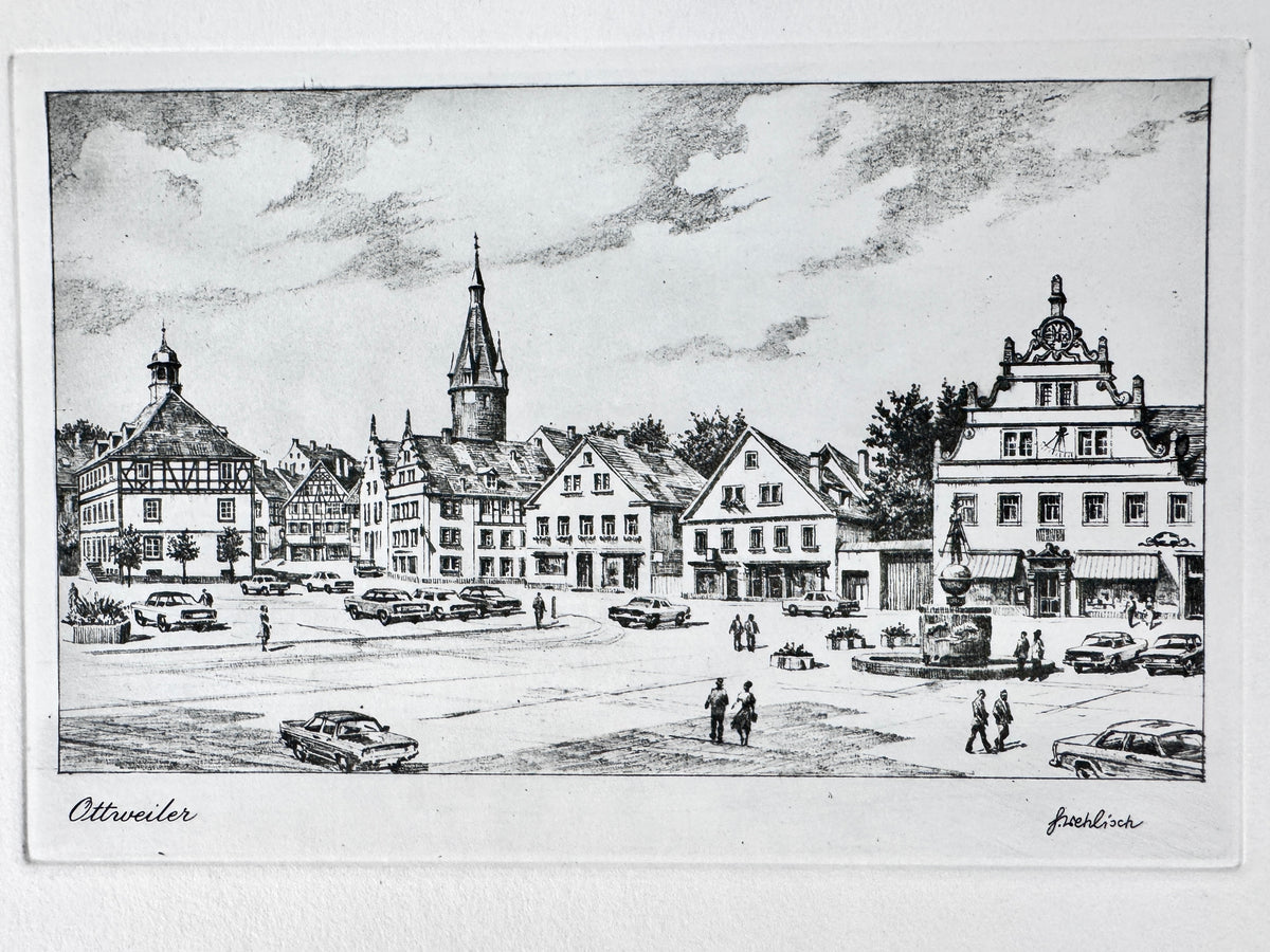 Ottweiler, Marktplatz. Radierung aus der Zeit des Wirtschaftswunders, von Heinz Wehlisch.