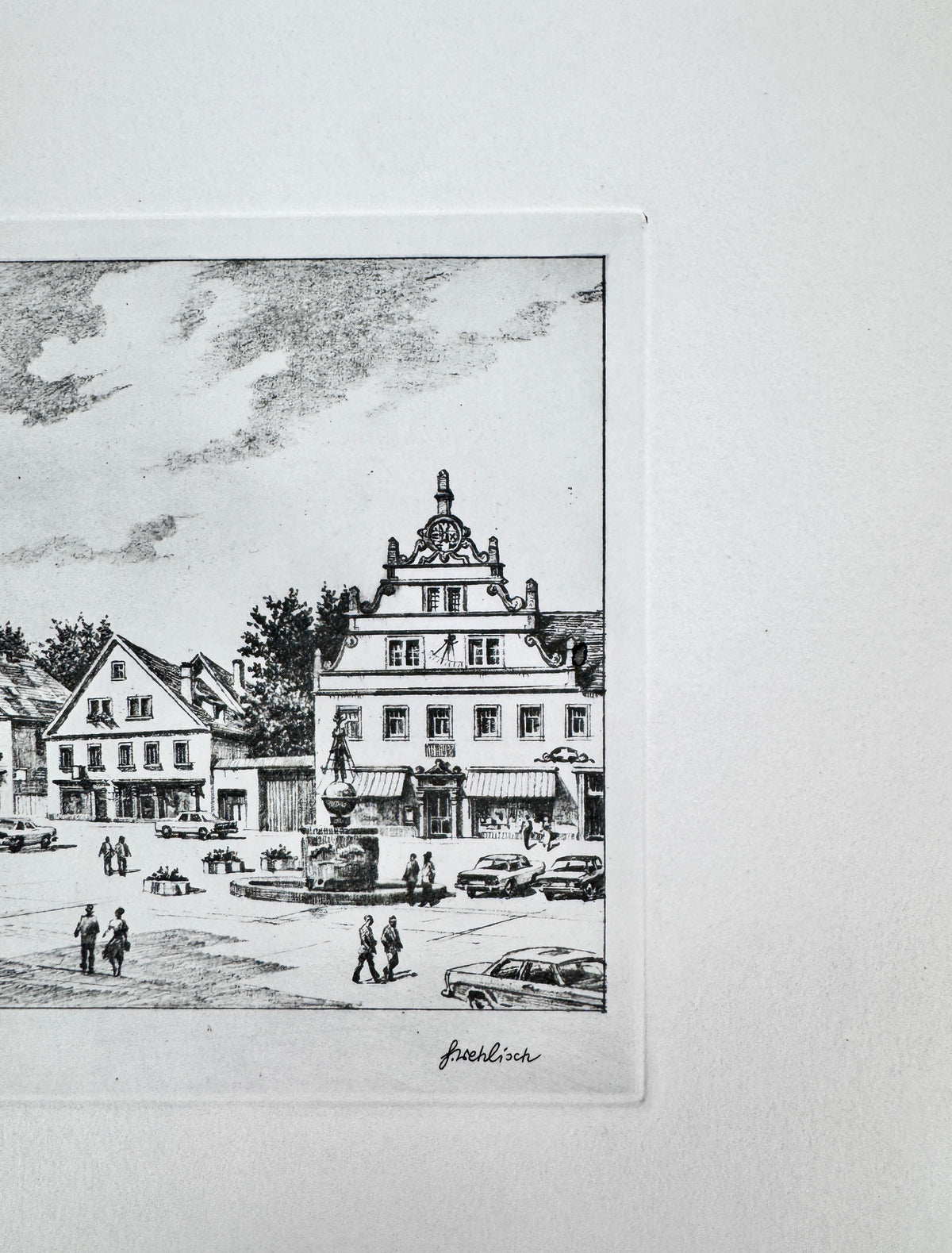 Ottweiler, Marktplatz. Radierung aus der Zeit des Wirtschaftswunders, von Heinz Wehlisch.