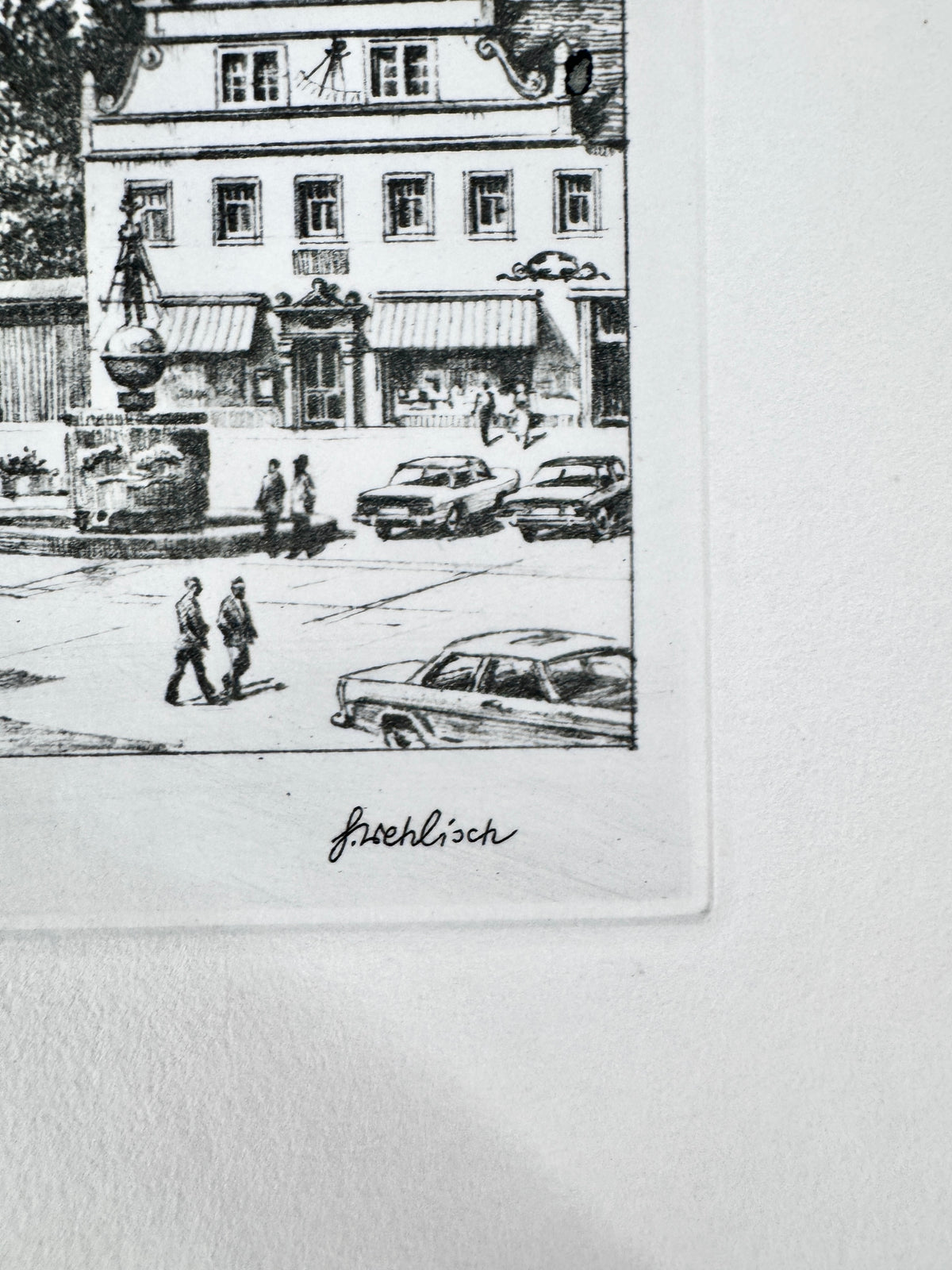 Ottweiler, Marktplatz. Radierung aus der Zeit des Wirtschaftswunders, von Heinz Wehlisch.
