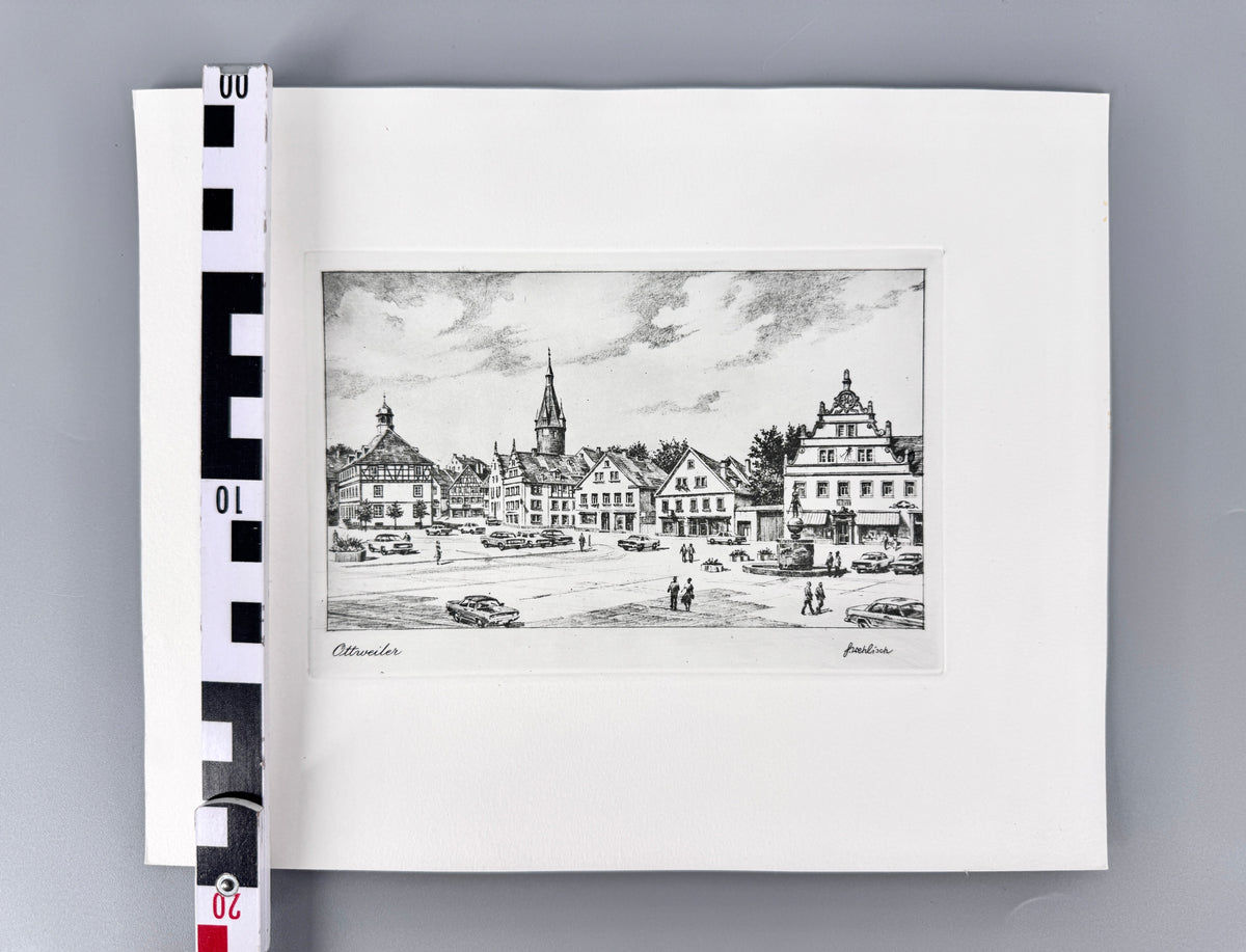 Ottweiler, Marktplatz. Radierung aus der Zeit des Wirtschaftswunders, von Heinz Wehlisch.