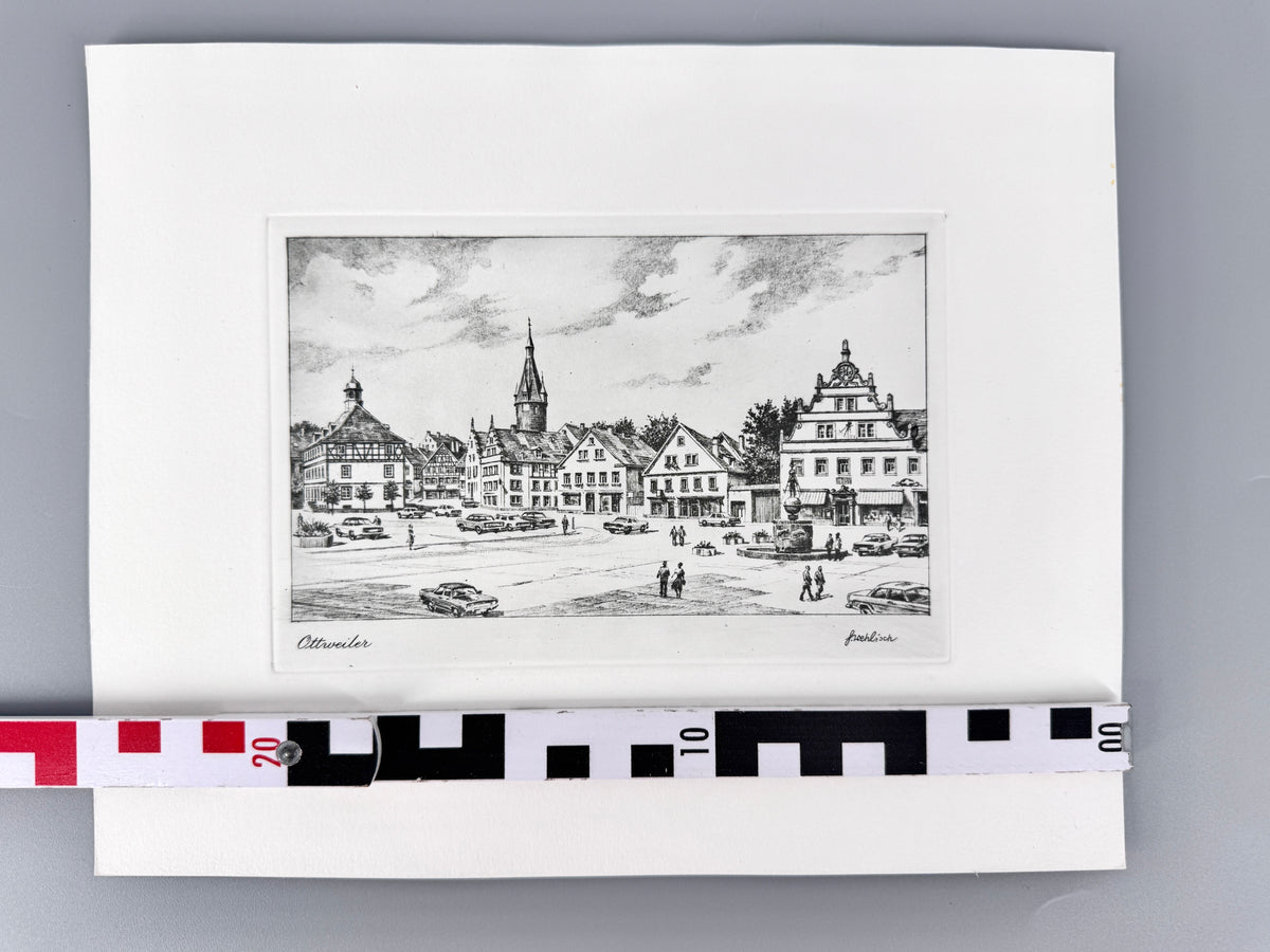 Ottweiler, Marktplatz. Radierung aus der Zeit des Wirtschaftswunders, von Heinz Wehlisch.
