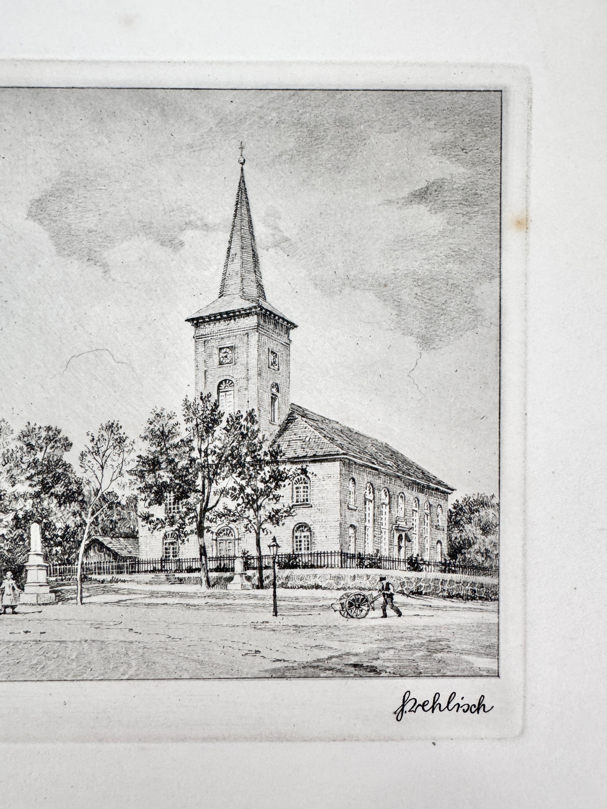 Himbergen, Kirchplatz um 1905. Historische Radierung von Heinz Wehlisch
