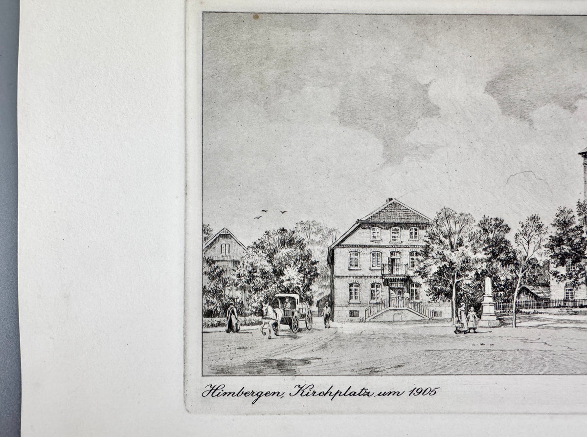 Himbergen, Kirchplatz um 1905. Historische Radierung von Heinz Wehlisch
