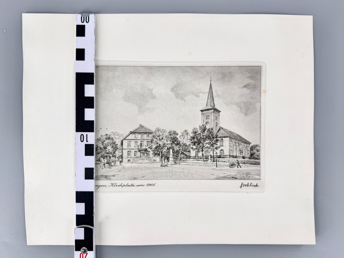 Himbergen, Kirchplatz um 1905. Historische Radierung von Heinz Wehlisch