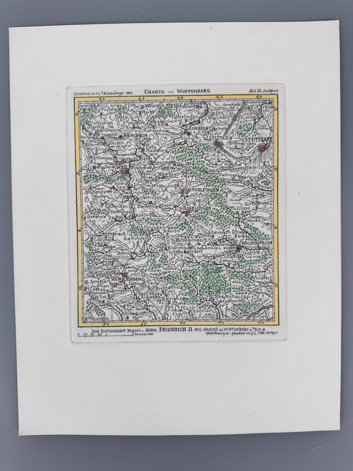 Historische Karte von Würtemberg. Radierung, reproduziert als Heliographie