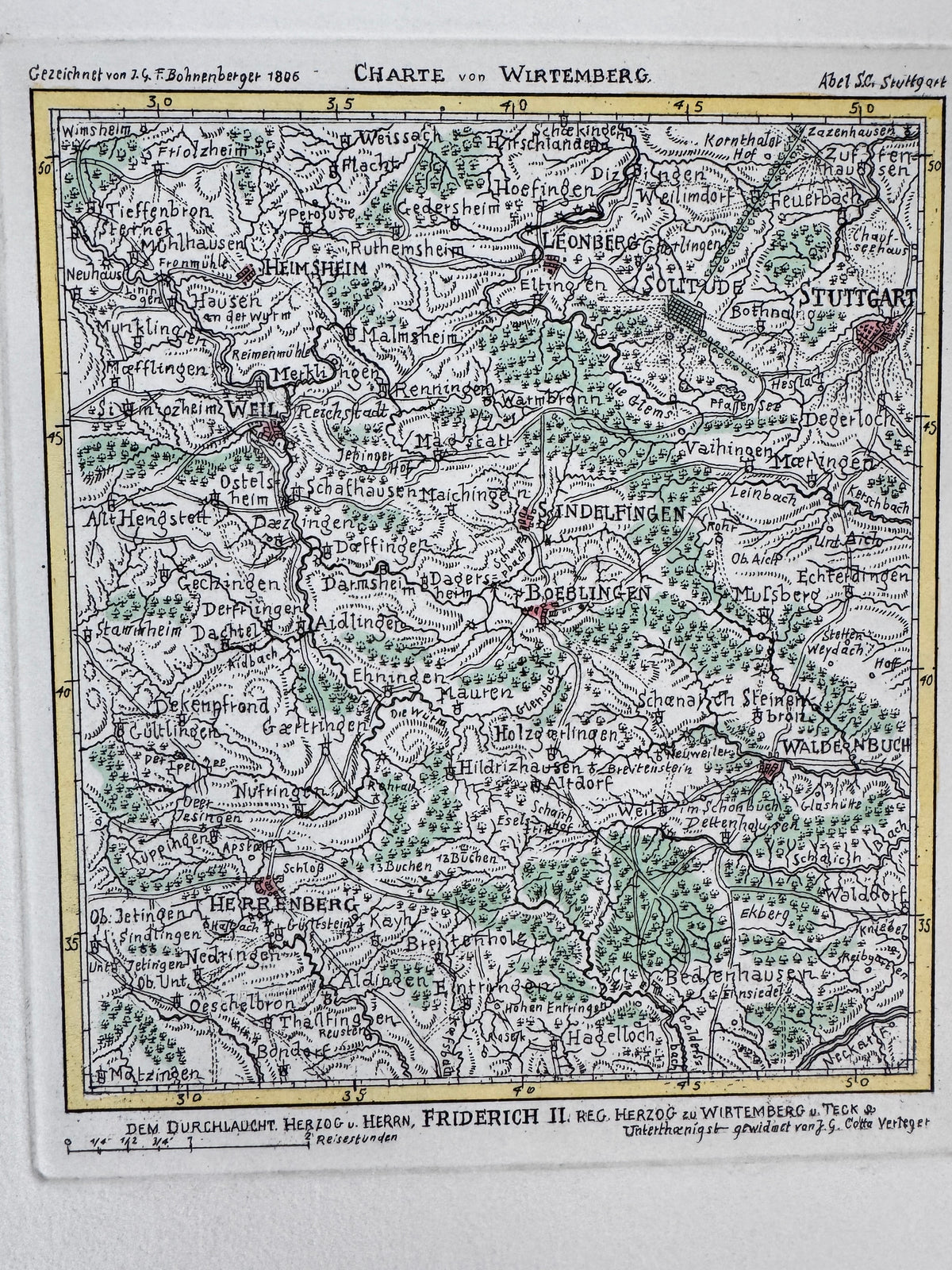Historische Karte von Würtemberg. Radierung, reproduziert als Heliographie