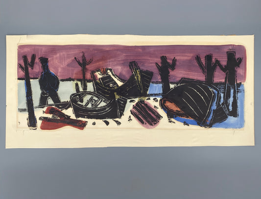 Monotypie und Gouache-Malerei "Am Steg" von Ulrich Knispel (1911–1978), 1952