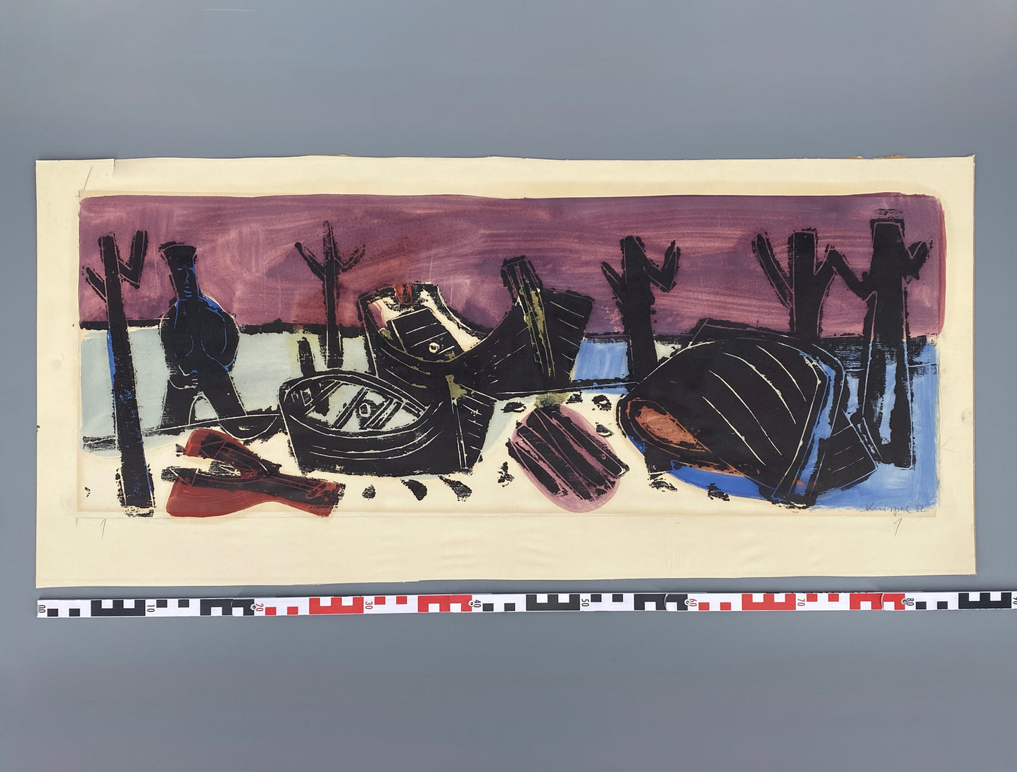 Monotypie und Gouache-Malerei "Am Steg" von Ulrich Knispel (1911–1978), 1952