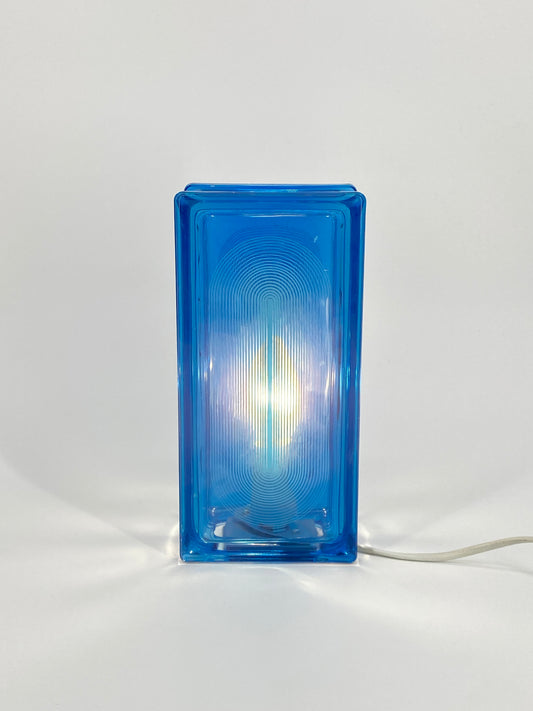 Tischlampe aus Glasbaustein mit Siebdruck-Dekor