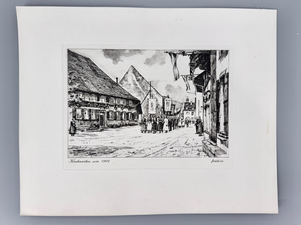 Radierung, Kirschzarten Südschwarzwald, um 1905. Von Heinz Wehlisch