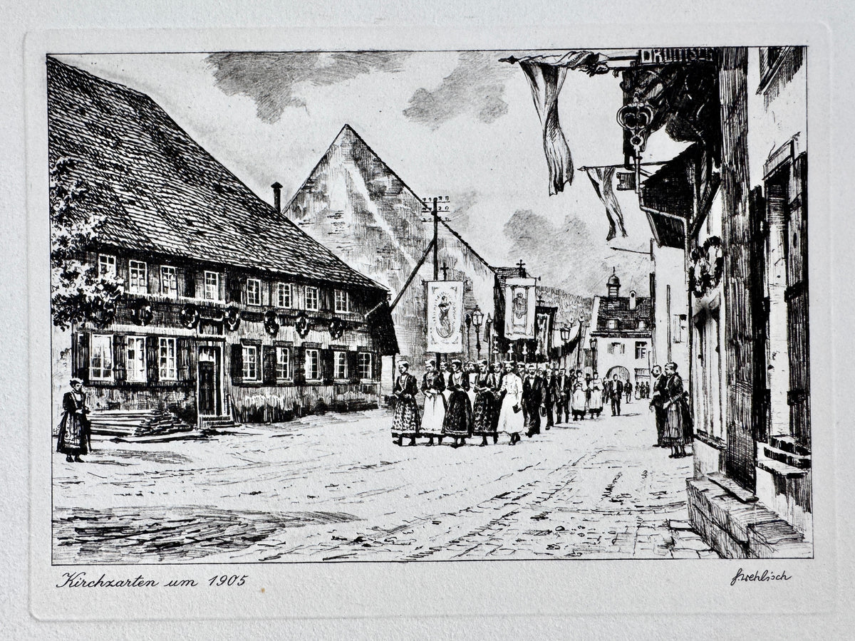 Radierung, Kirschzarten Südschwarzwald, um 1905. Von Heinz Wehlisch