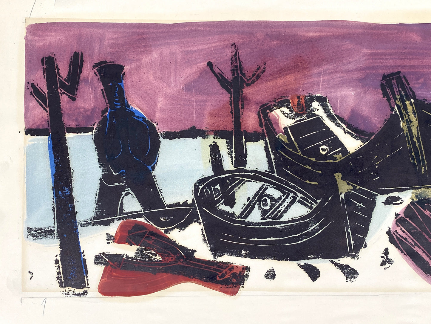 Monotypie und Gouache-Malerei "Am Steg" von Ulrich Knispel (1911–1978), 1952