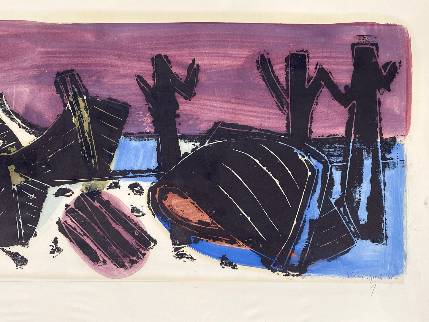 Monotypie und Gouache-Malerei "Am Steg" von Ulrich Knispel (1911–1978), 1952