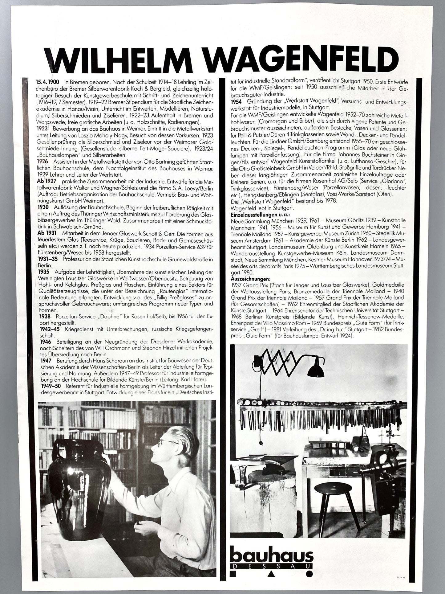 Plakat Wilhelm Wagenfeld, bauhaus Dessau hrsg.