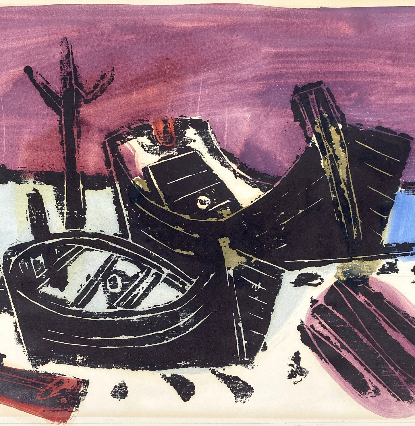 Monotypie und Gouache-Malerei "Am Steg" von Ulrich Knispel (1911–1978), 1952